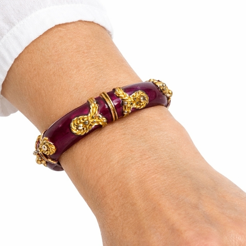 Kenneth Jay Lane KJL Purple Enamel Hinged Clamper Bangle Gold Rope Scroll Bracel